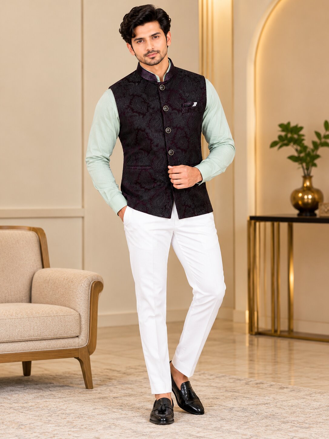 Men Wine Paisley Jacquard Nehru Jacket