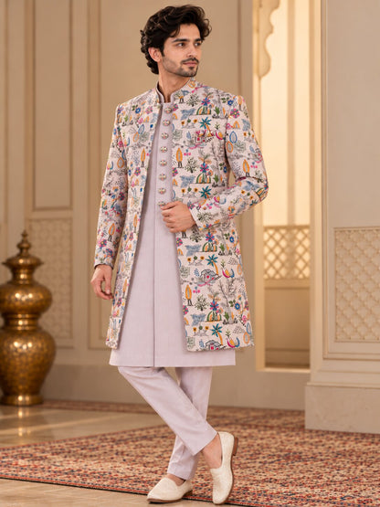 Men Premium Light Peach Embroidered Front Open Indo Western Sherwani Set