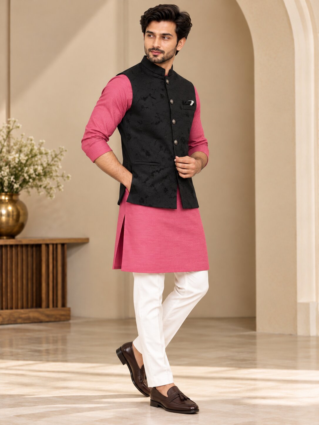 Men Premium Black Floral Jacquard Nehru Jacket (Bundi)
