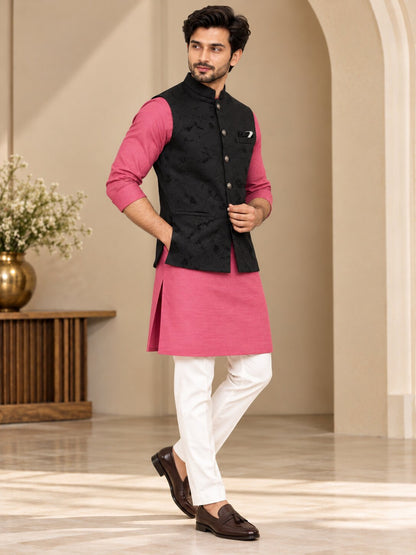 Men Premium Black Floral Jacquard Nehru Jacket (Bundi)