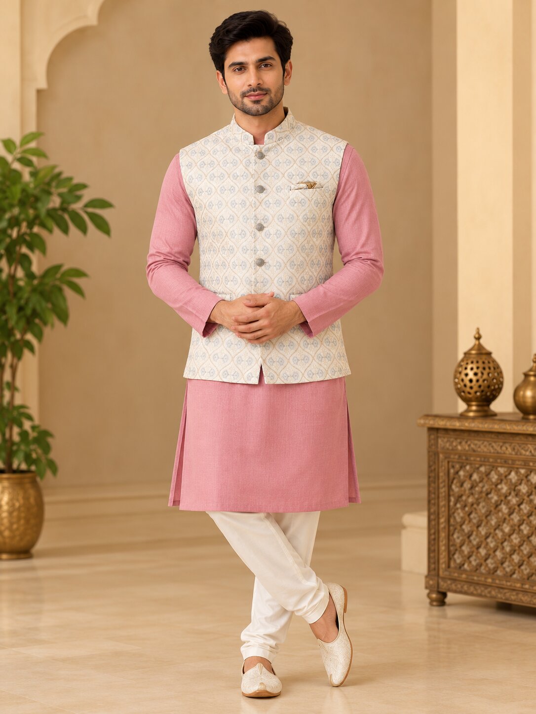 Men Cream Embroidered Nehru Jacket