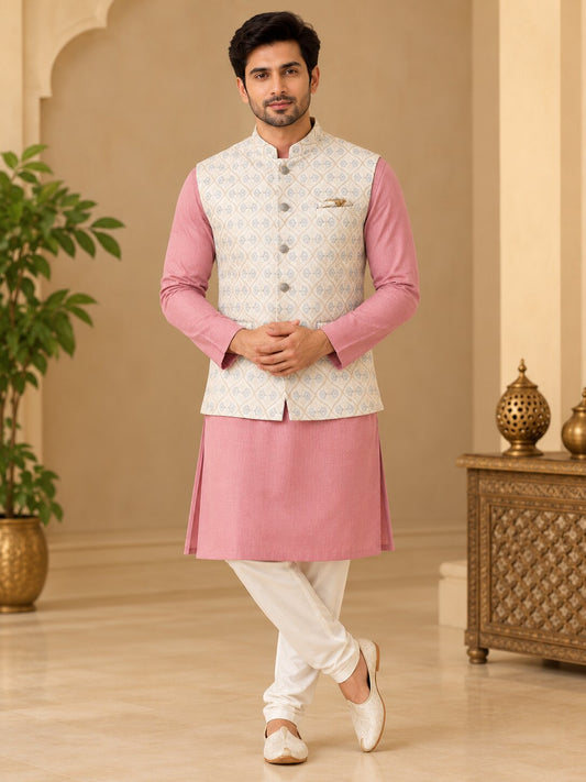 Men Cream Embroidered Nehru Jacket