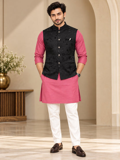 Men Premium Black Floral Jacquard Nehru Jacket (Bundi)