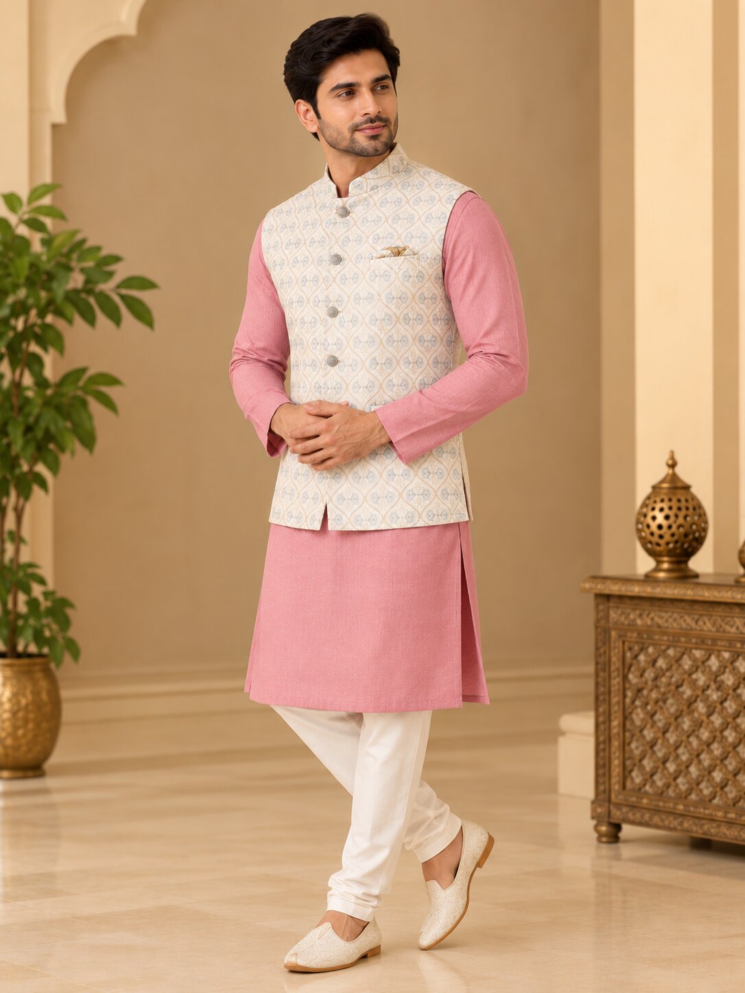 Men Cream Embroidered Nehru Jacket
