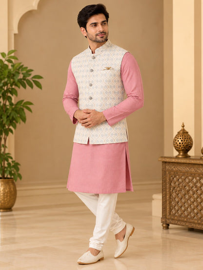 Men Cream Embroidered Nehru Jacket