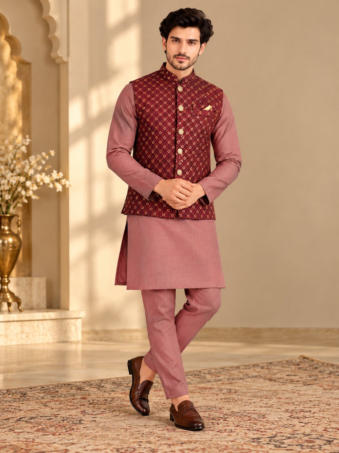 Men's Maroon Printed Nehru Jacket