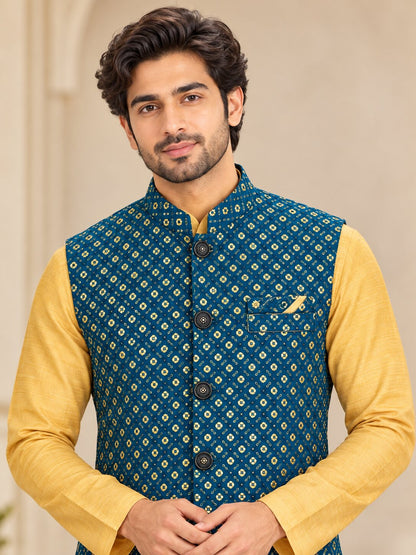 Men's Rama Blue Printed Nehru Jacket
