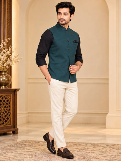 Men Premium Bottle Green Nehru Jacket (Bundi)