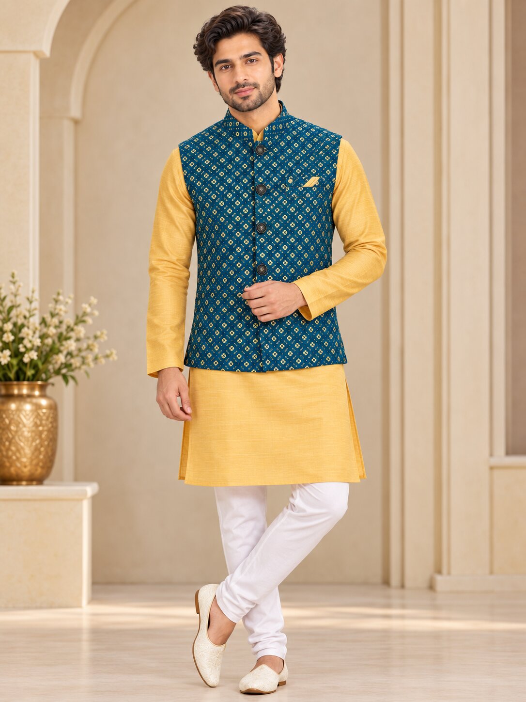 Men's Rama Blue Printed Nehru Jacket