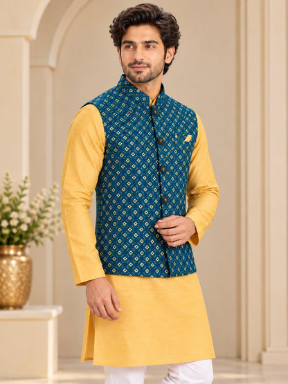 Men's Rama Blue Printed Nehru Jacket