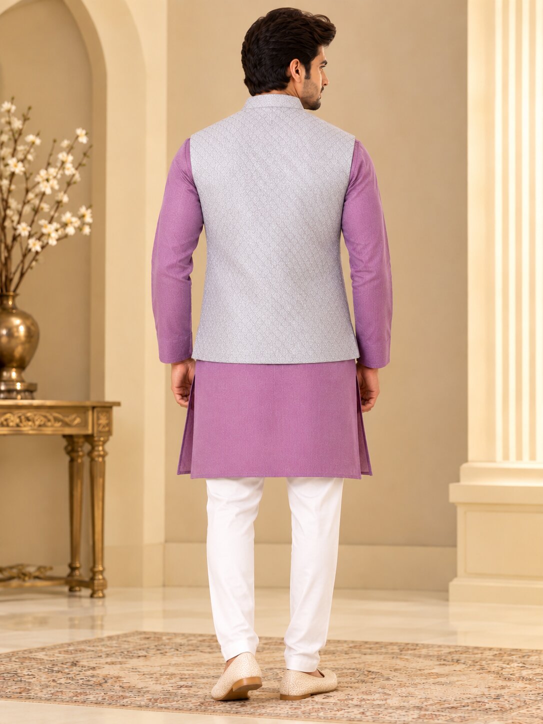 Men Light Purple Jacquard Nehru Jacket