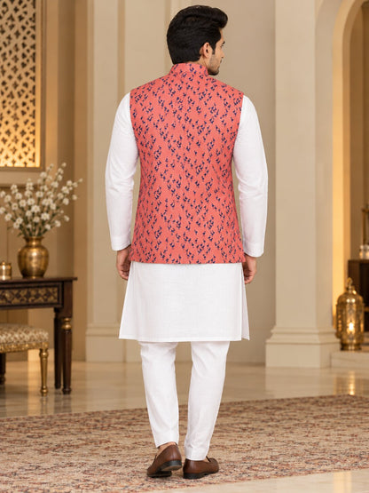 Men Peach Flamingo Printed Nehru Jacket