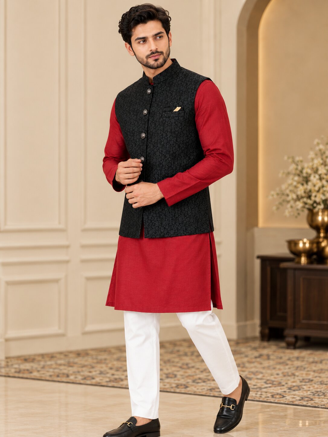 Men Black Floral Printed Nehru Jacket