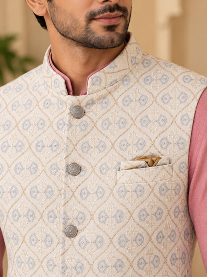 Men Cream Embroidered Nehru Jacket