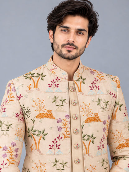 Men Premium Light Peach Embroidered Front Open Indo Western Sherwani Set
