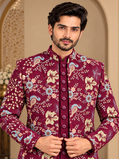 Men Premium Wine Floral & Paisley Front Open Indo Western Sherwani Set