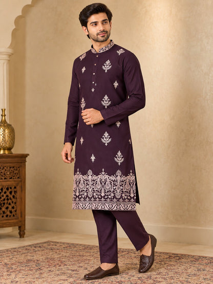 Men Premium Wine Embroidered Kurta Pyjama Set