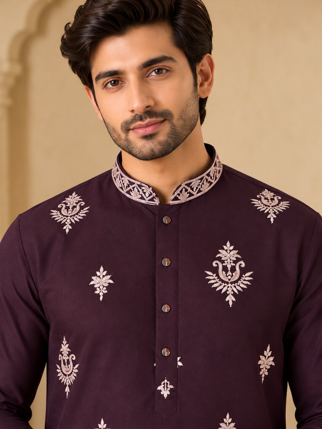 Men Premium Wine Embroidered Kurta Pyjama Set