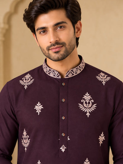 Men Premium Wine Embroidered Kurta Pyjama Set