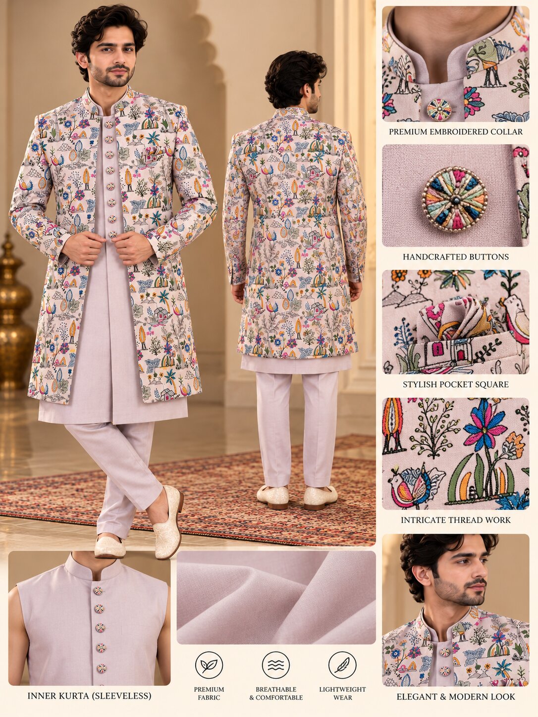 Men Premium Light Peach Embroidered Front Open Indo Western Sherwani Set