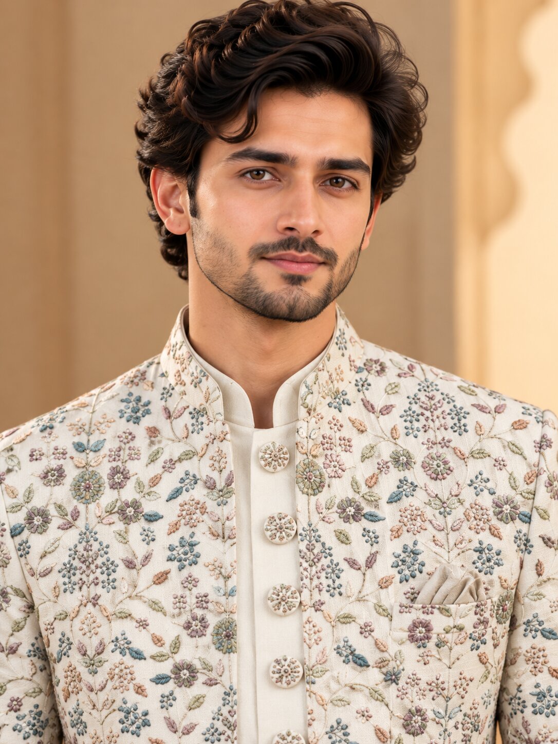 Men Premium Ivory Floral Embroidered Front Open Indo Western Sherwani Set