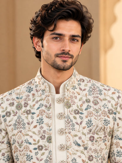 Men Premium Ivory Floral Embroidered Front Open Indo Western Sherwani Set