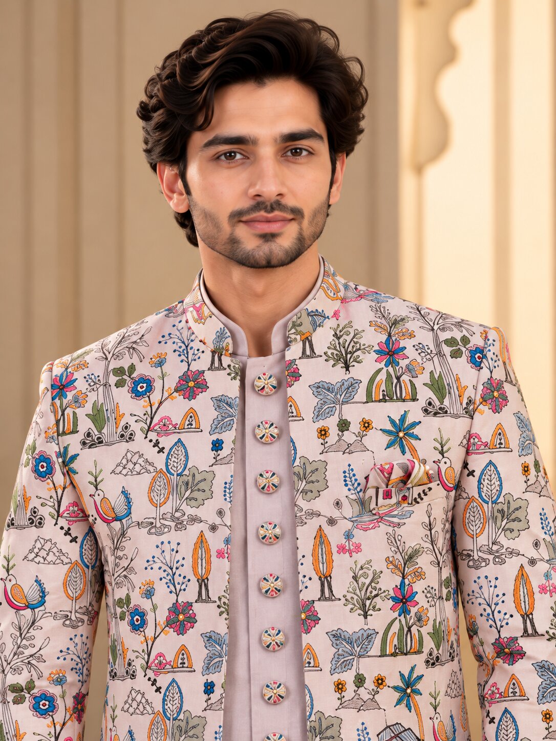 Men Premium Light Peach Embroidered Front Open Indo Western Sherwani Set