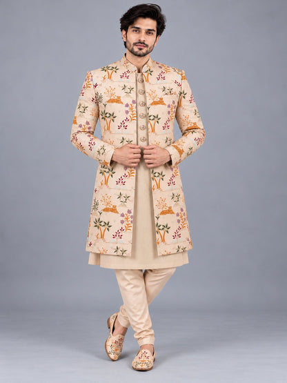 Men Premium Light Peach Embroidered Front Open Indo Western Sherwani Set