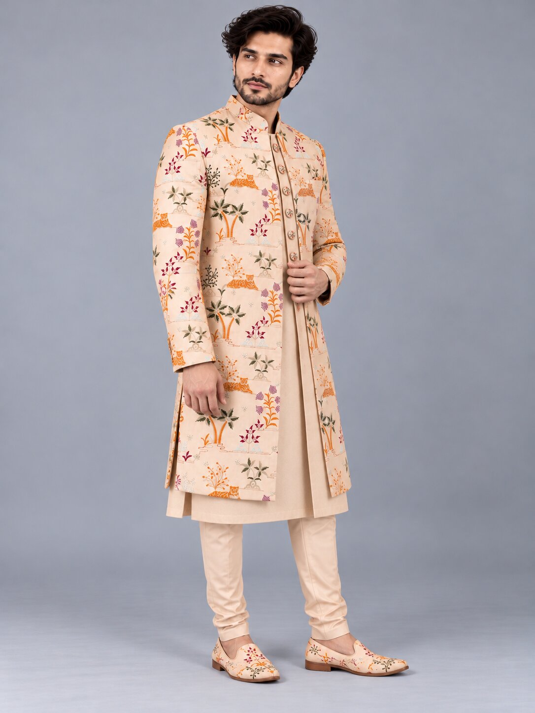 Men Premium Light Peach Embroidered Front Open Indo Western Sherwani Set