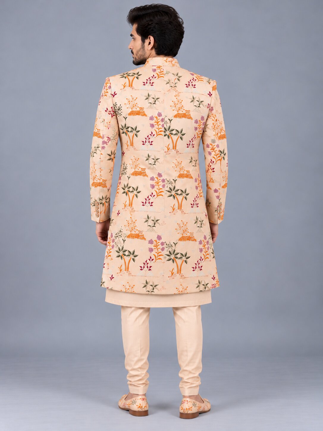 Men Premium Light Peach Embroidered Front Open Indo Western Sherwani Set