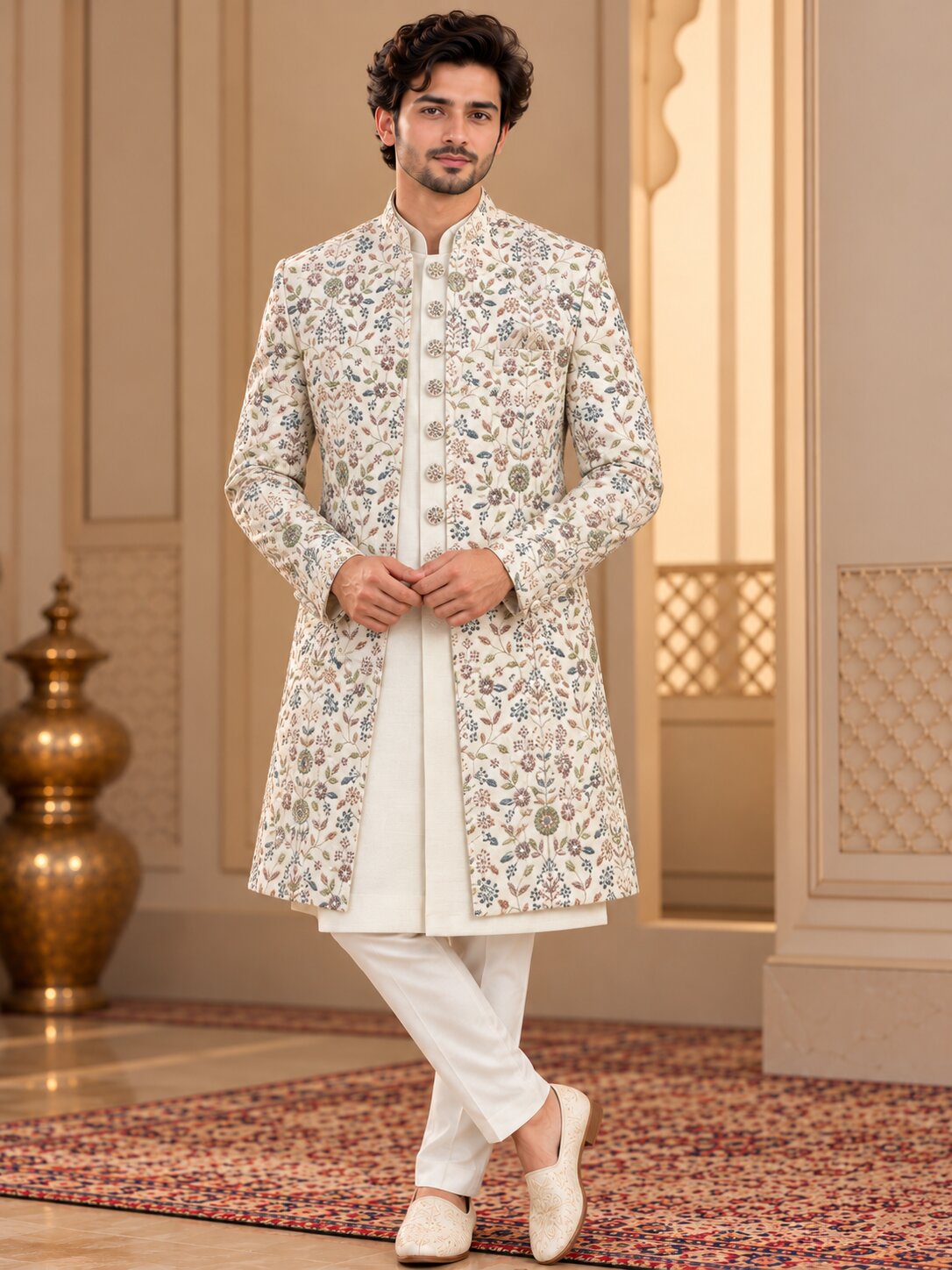 Men Premium Ivory Floral Embroidered Front Open Indo Western Sherwani Set