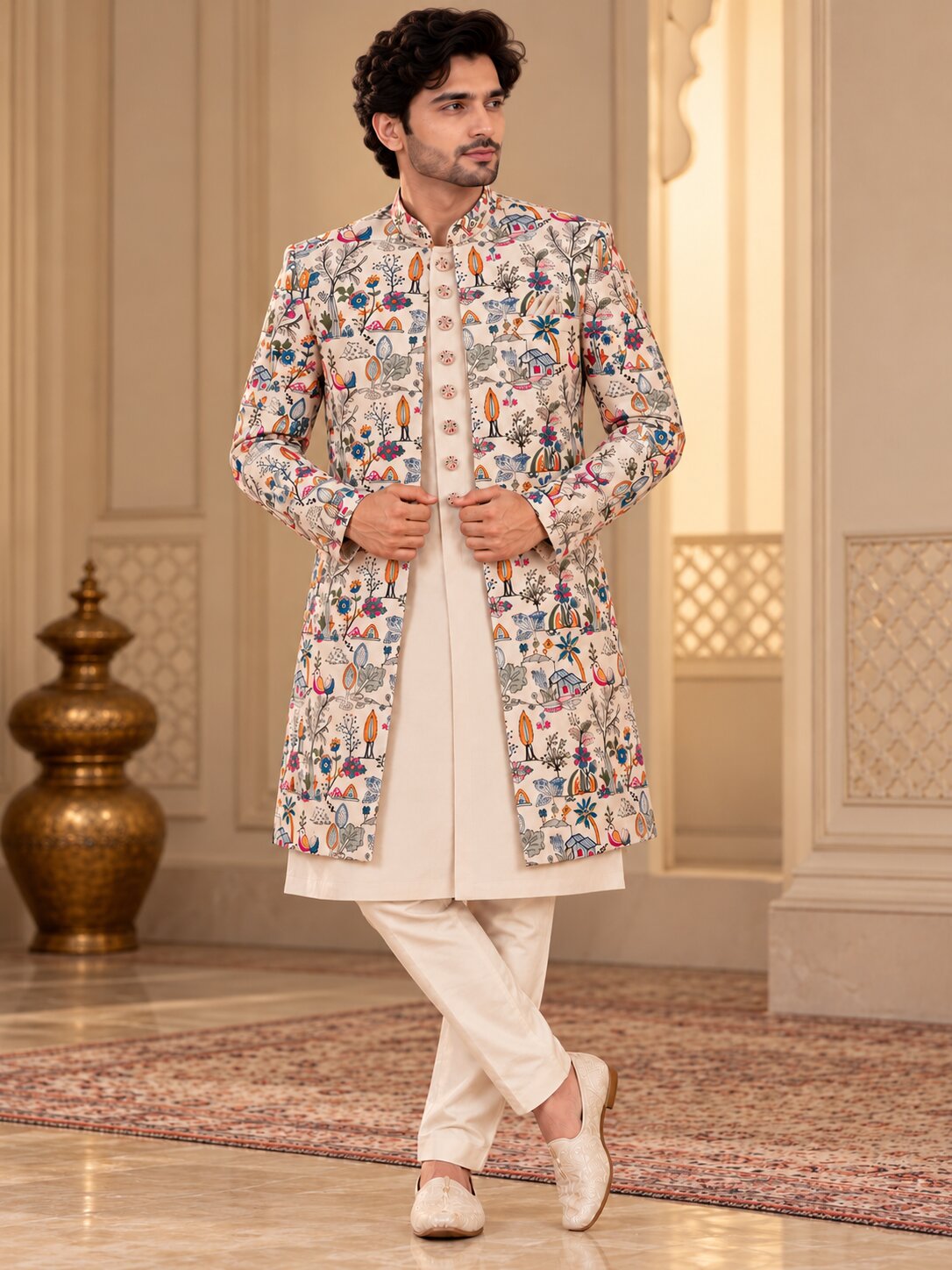 Men Premium Peach Embroidered Front Open Indo Western Sherwani Set
