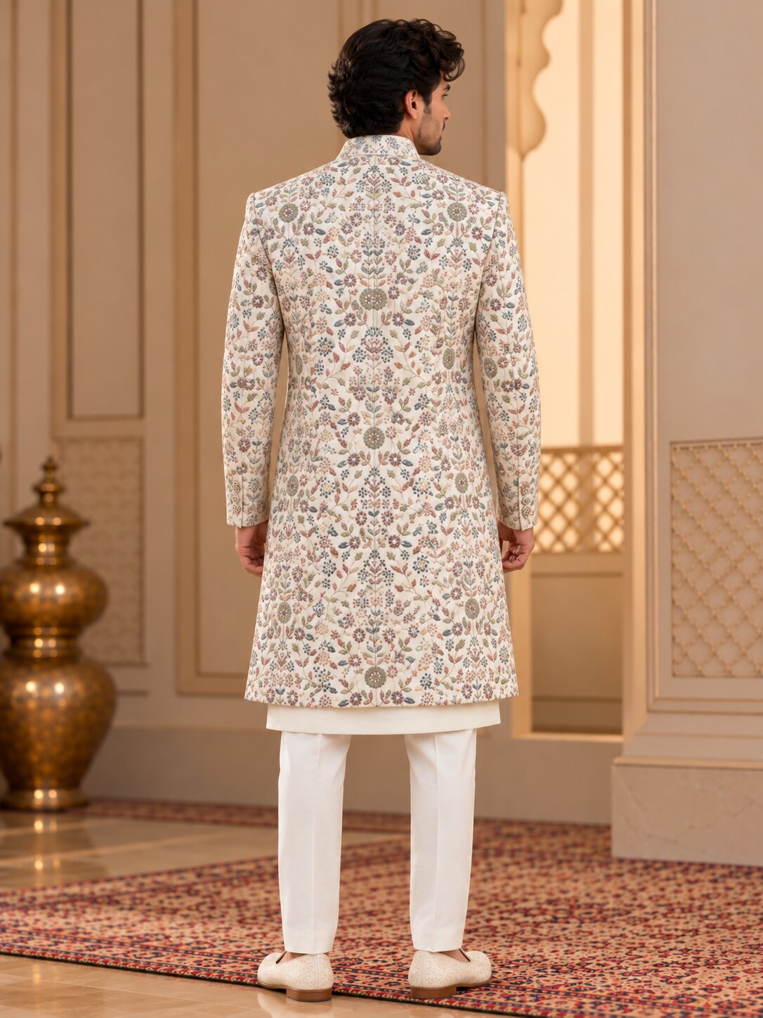 Men Premium Ivory Floral Embroidered Front Open Indo Western Sherwani Set