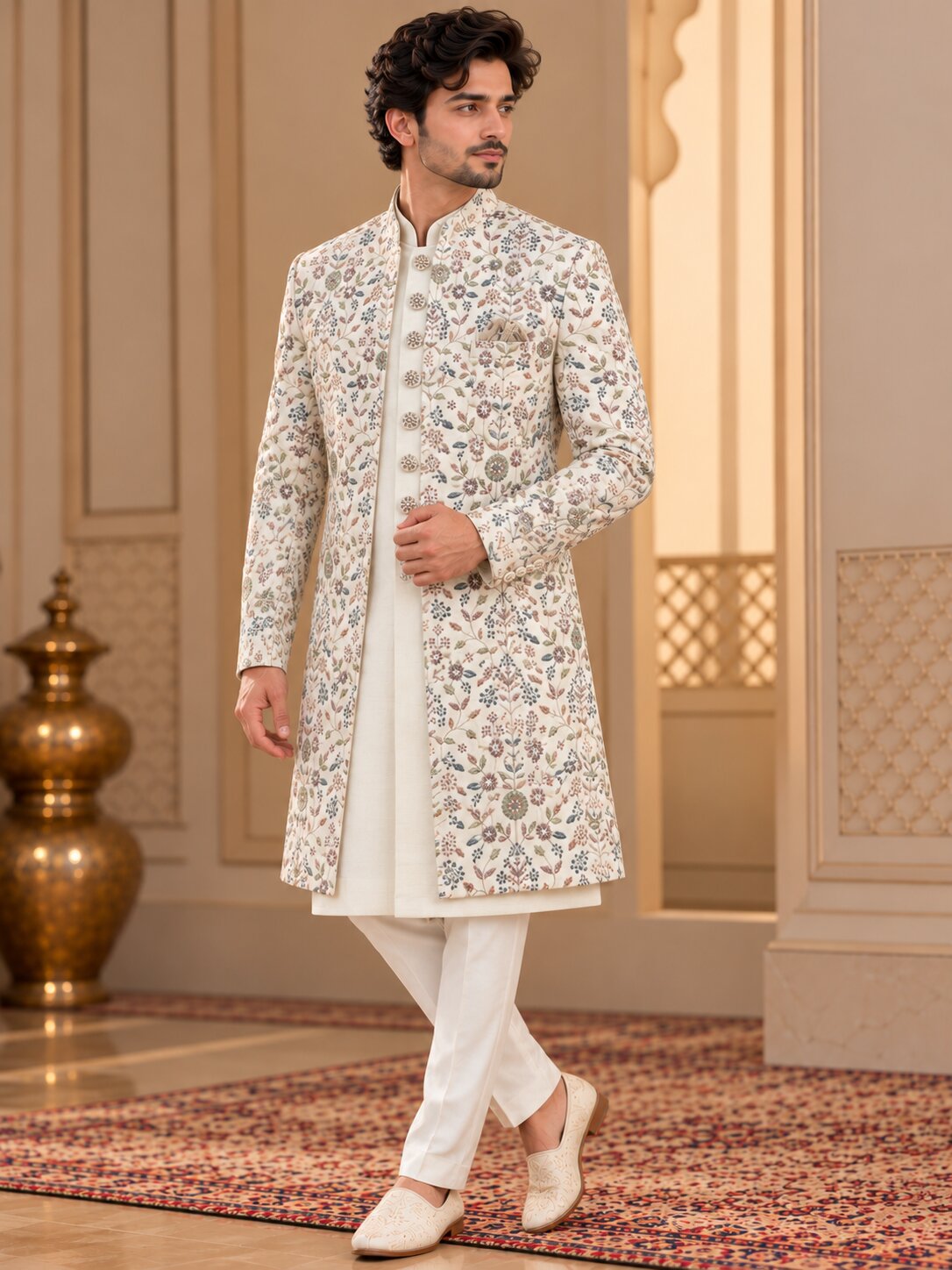 Men Premium Ivory Floral Embroidered Front Open Indo Western Sherwani Set