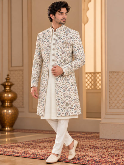 Men Premium Ivory Floral Embroidered Front Open Indo Western Sherwani Set