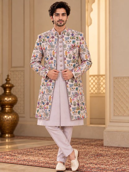 Men Premium Light Peach Embroidered Front Open Indo Western Sherwani Set