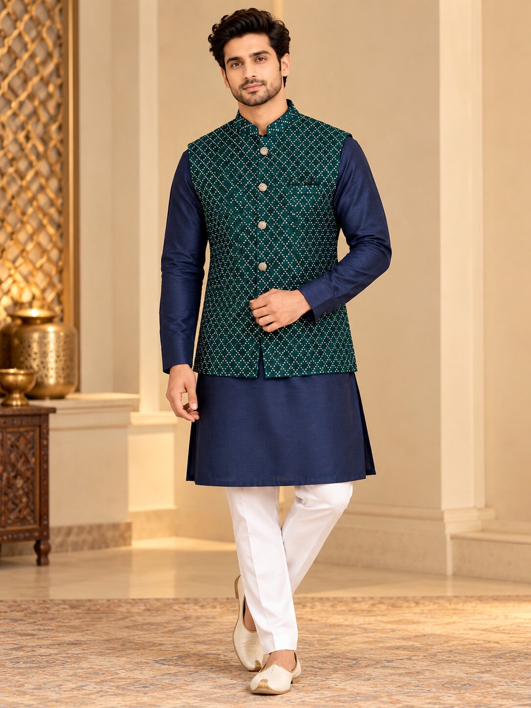 Men's Green Embellished Nehru Jacket