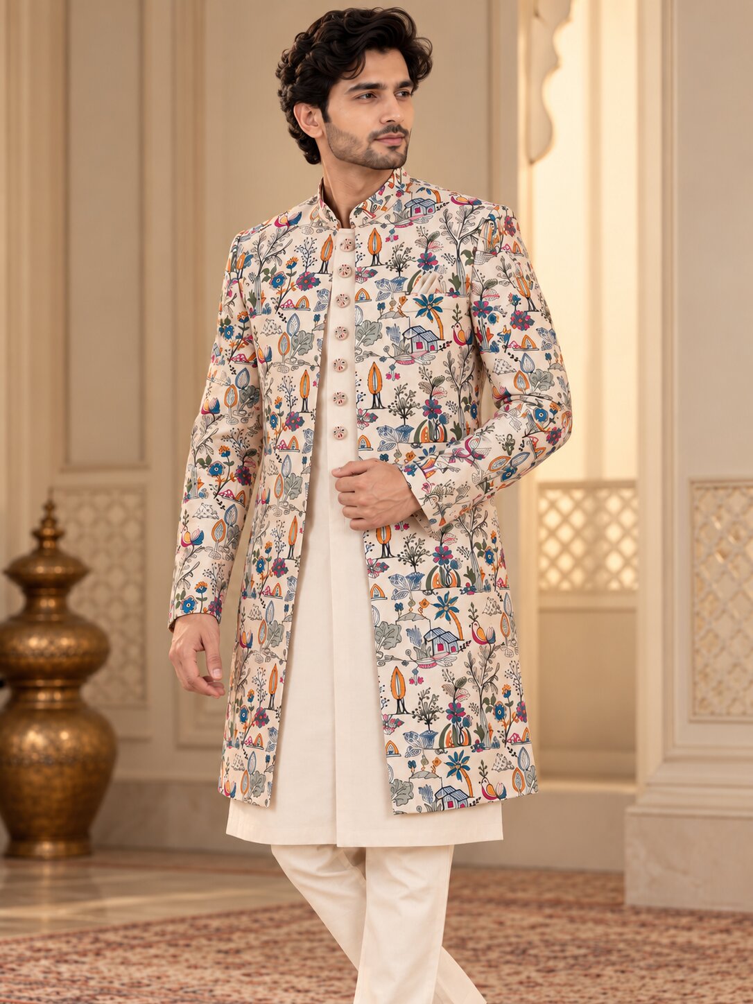 Men Premium Peach Embroidered Front Open Indo Western Sherwani Set