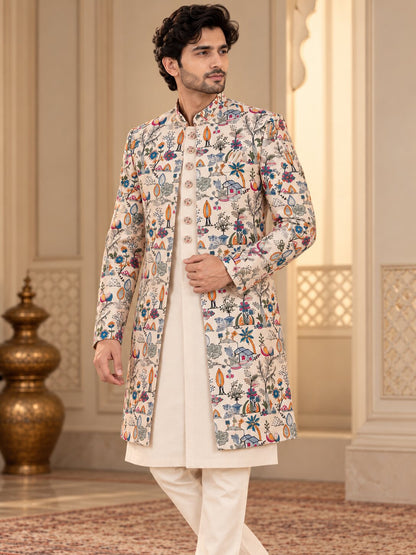 Men Premium Peach Embroidered Front Open Indo Western Sherwani Set