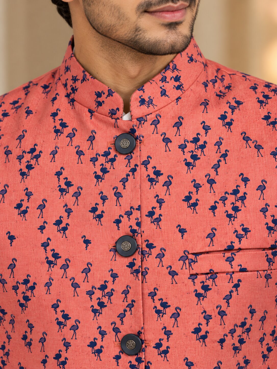 Men Peach Flamingo Printed Nehru Jacket