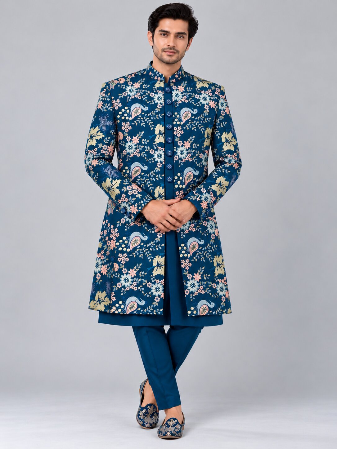 Men Premium Rama Blue Embroidered Front Open Indo Western Sherwani Set