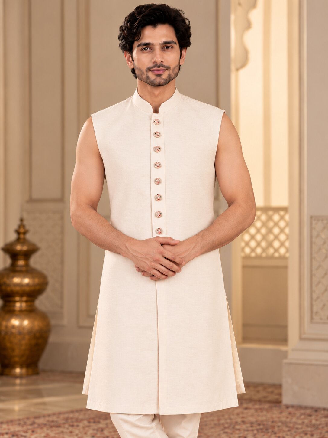 Men Premium Peach Embroidered Front Open Indo Western Sherwani Set