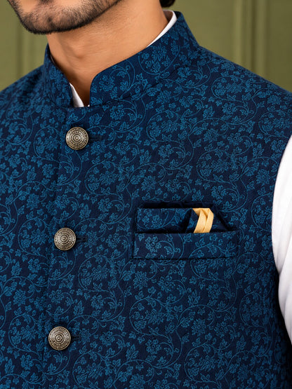 Men Rama Blue Floral Printed Nehru Jacket (Bundi)