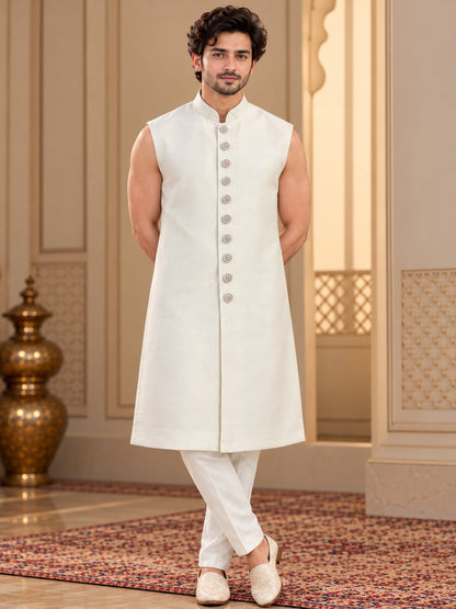 Men Premium Ivory Floral Embroidered Front Open Indo Western Sherwani Set