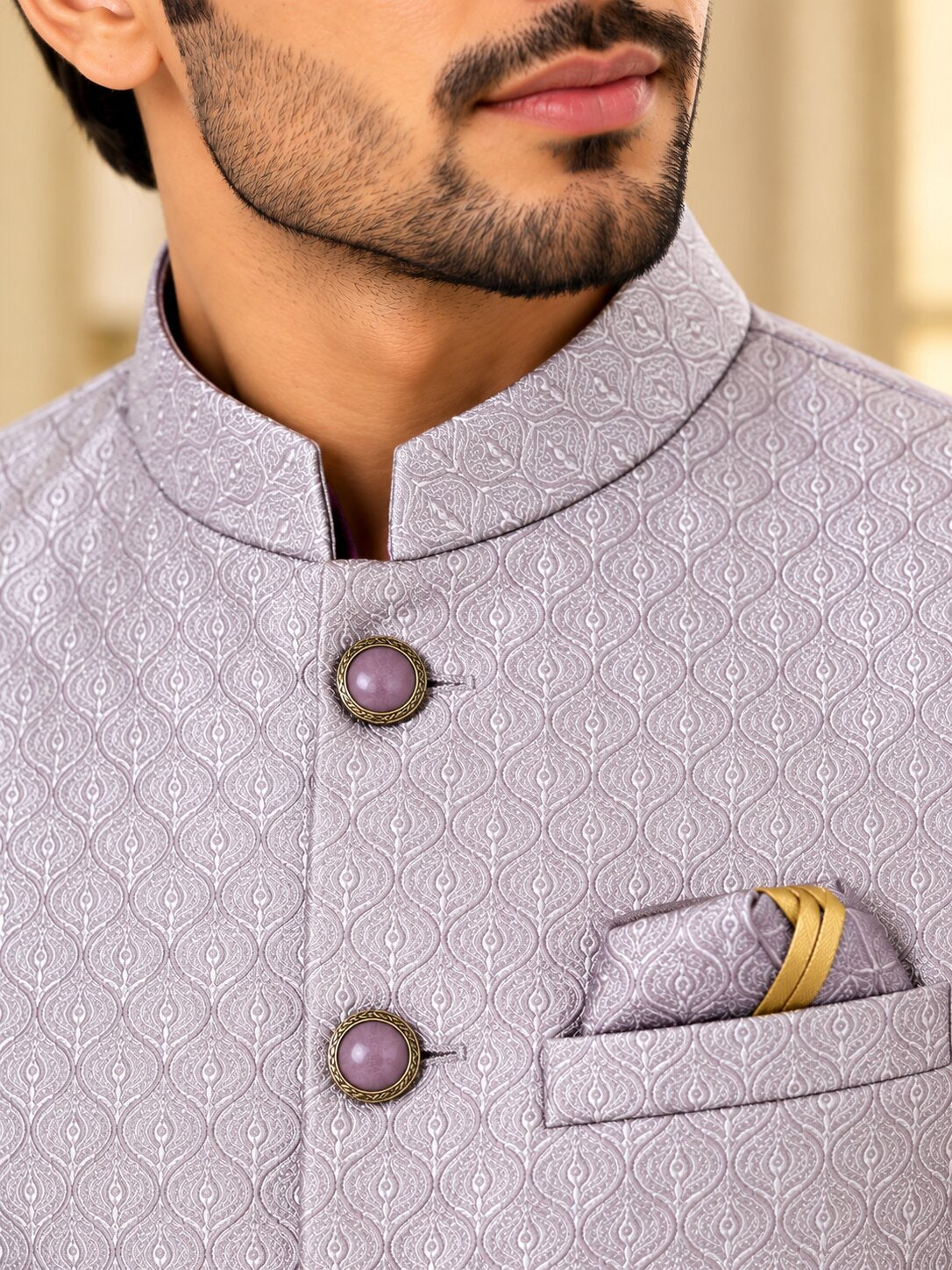 Men Light Purple Jacquard Nehru Jacket