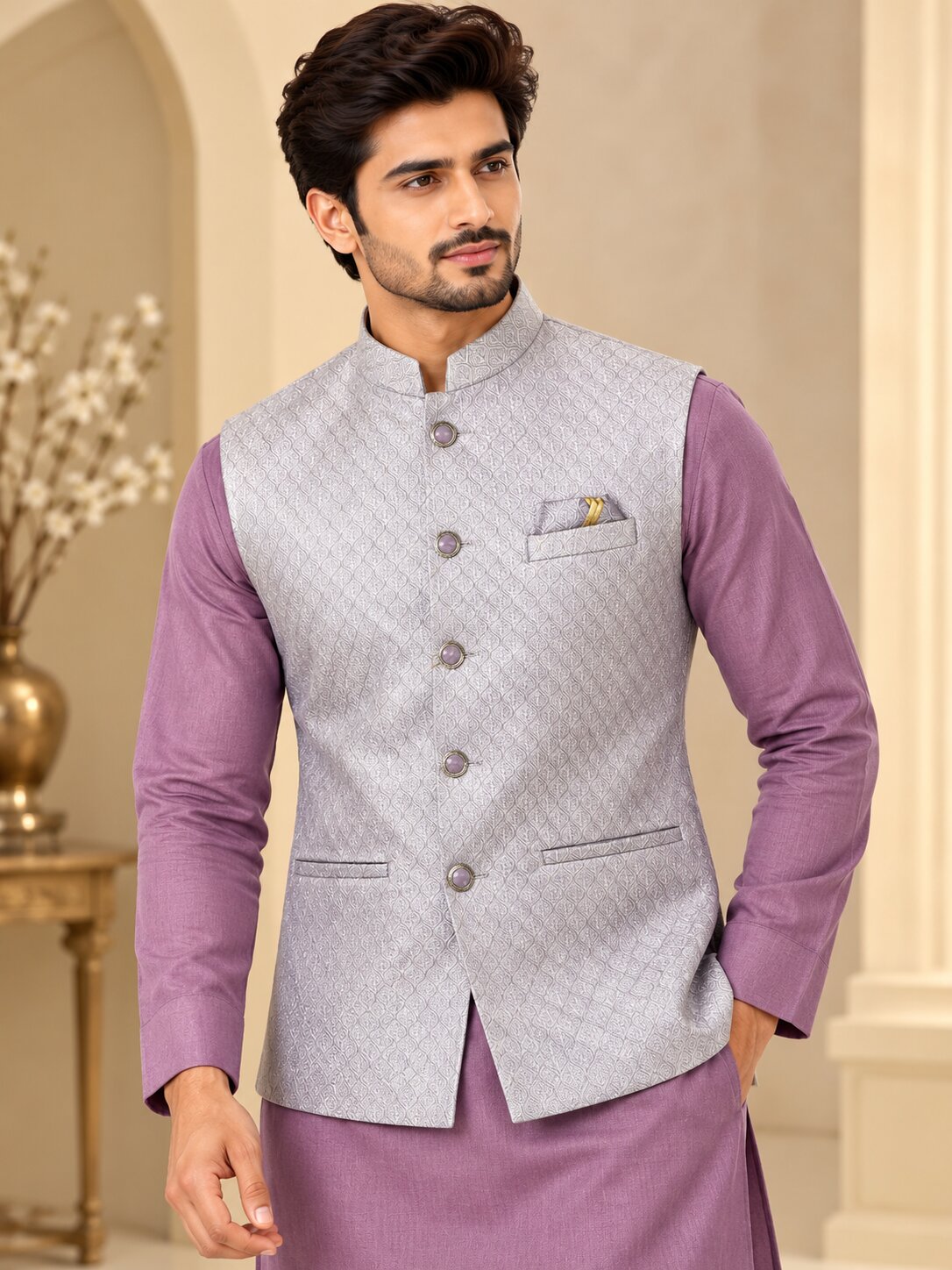 Men Light Purple Jacquard Nehru Jacket