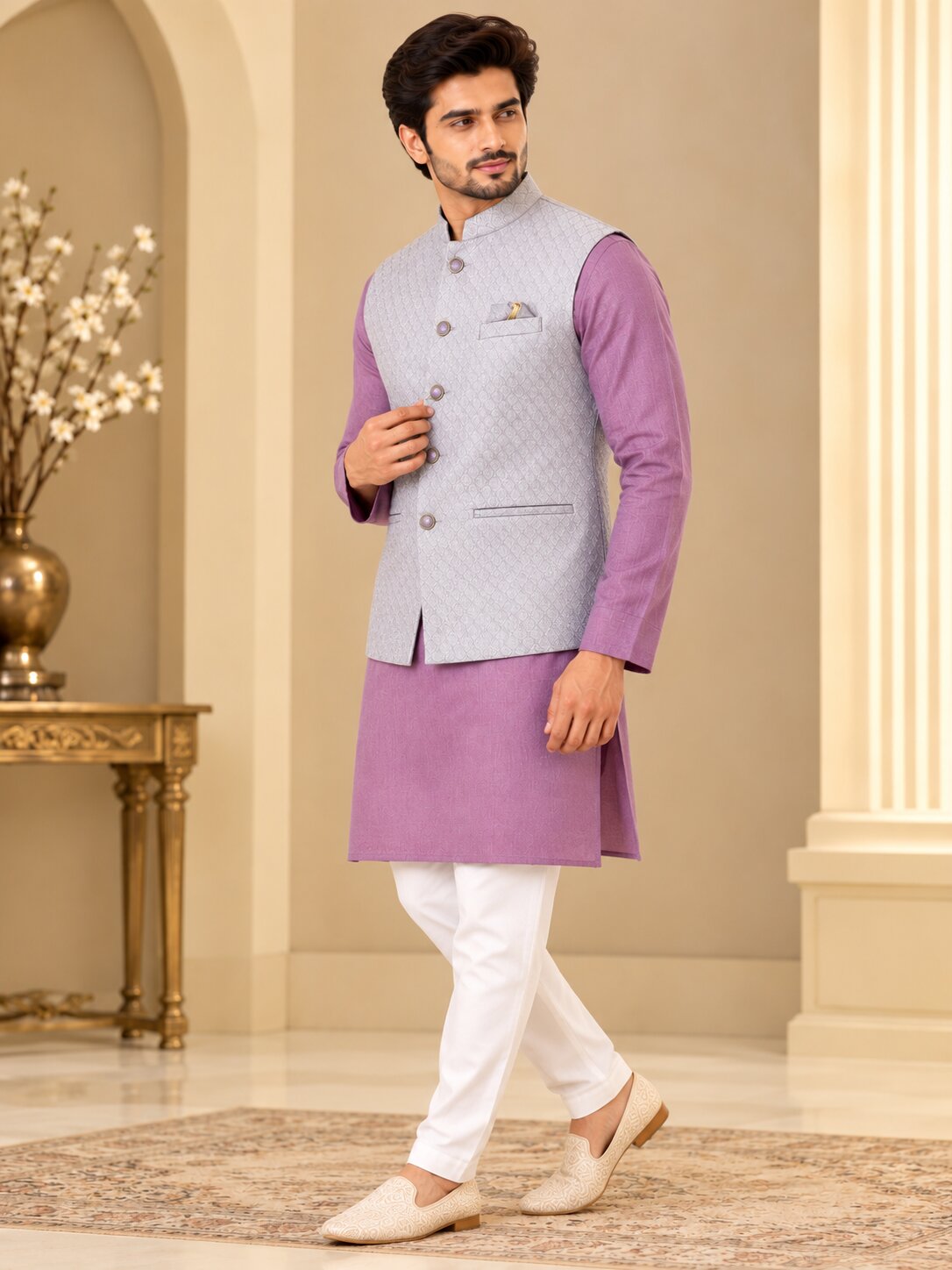 Men Light Purple Jacquard Nehru Jacket