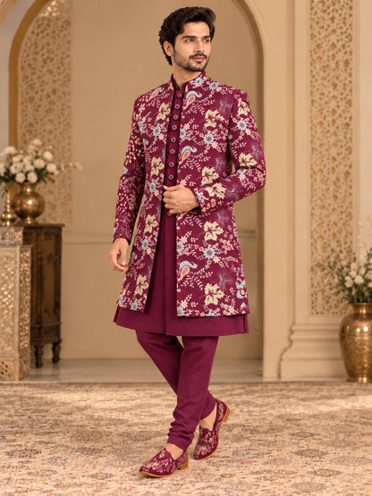 Men Premium Wine Floral & Paisley Front Open Indo Western Sherwani Set