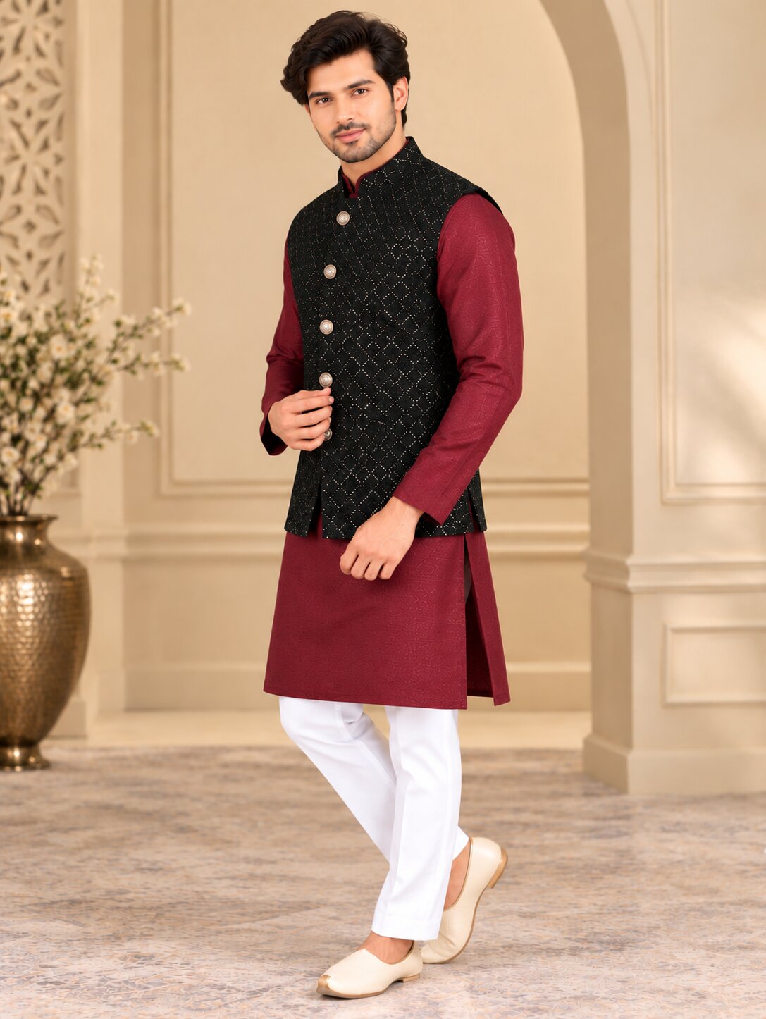 Men Premium Black Textured Embellished Nehru Jacket (Bundi)