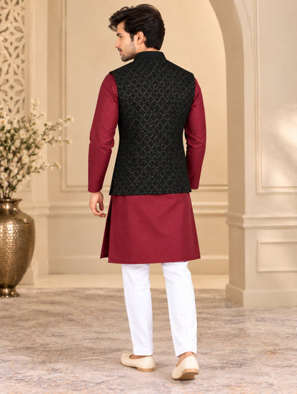 Men Premium Black Textured Embellished Nehru Jacket (Bundi)